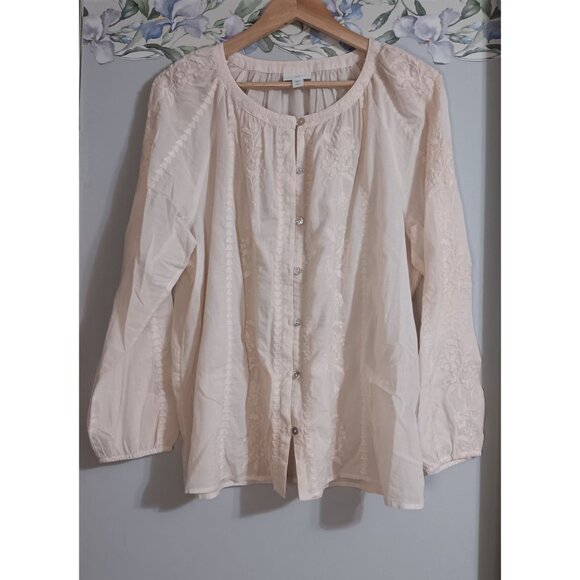 J. Jill Large Pink Embroidered Classic Lightweight Button Up Peasant Boho Top - Picture 1 of 6